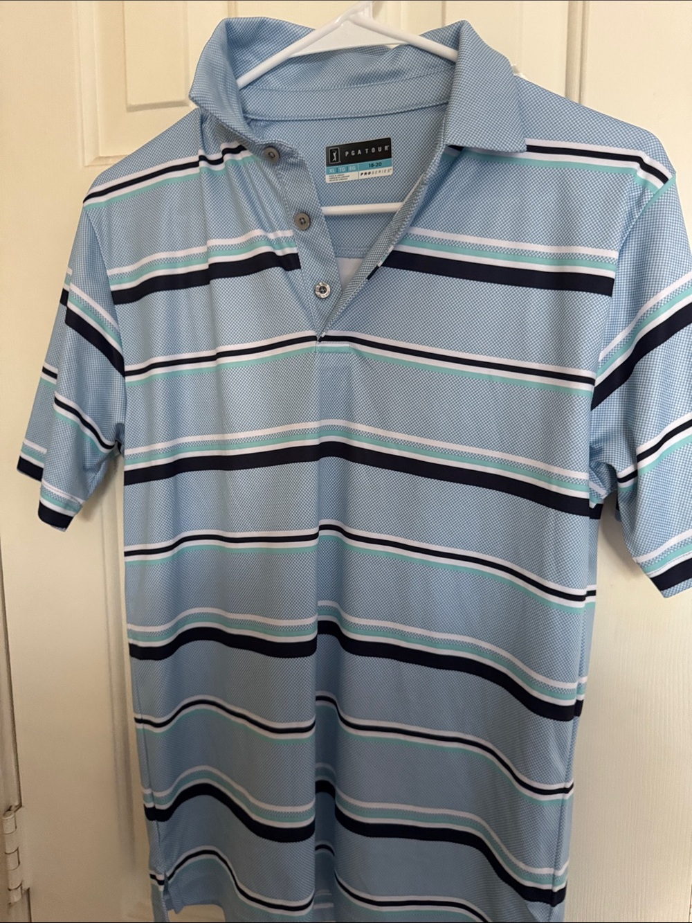 Boys 18/20 PGA Tour Light Blue Striped Polo with Navy & White Accents
